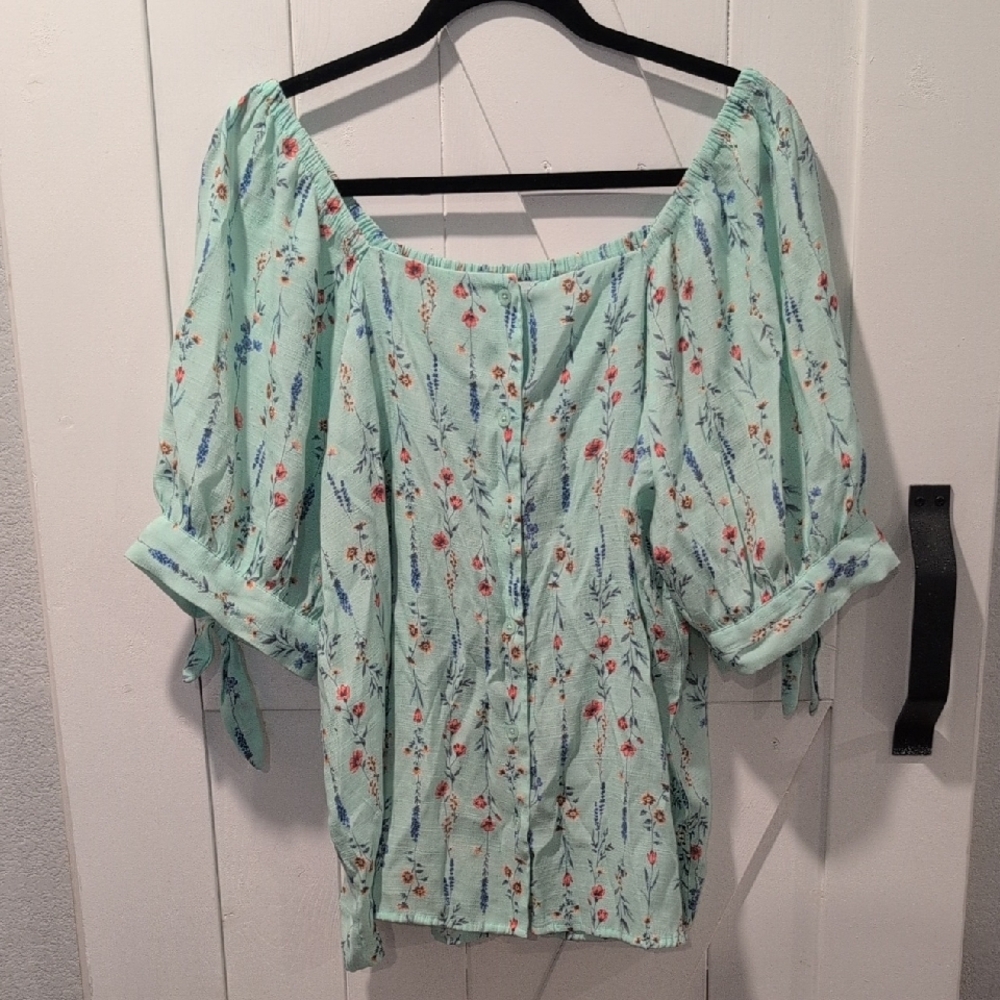 Lauren Conrad Green Floral Puff Sleeve Blouse with an Off-Shoulder Option Sz XXL